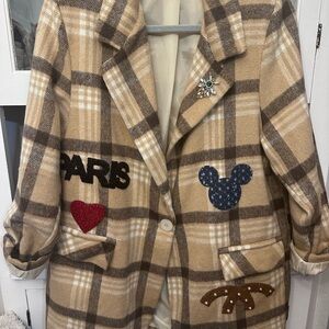 Plaid Coat with Paris and Mickey Mouse Patches